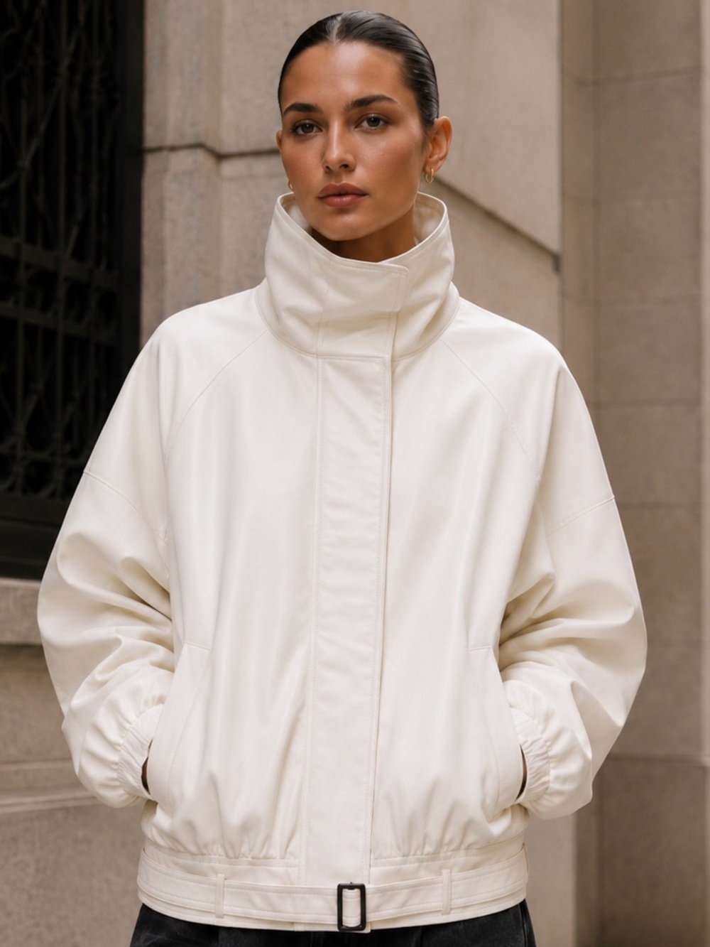 Zara NWT Cream Faux Leather Oversized Bomber Jacket Size L
